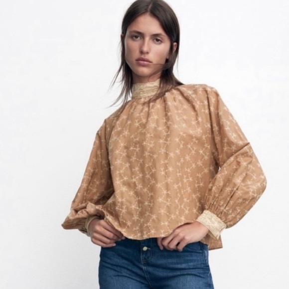 ZARA NEW Embroidered Blouse Beige Tan Small Button Cuffs Romantic Victorian - Picture 1 of 15